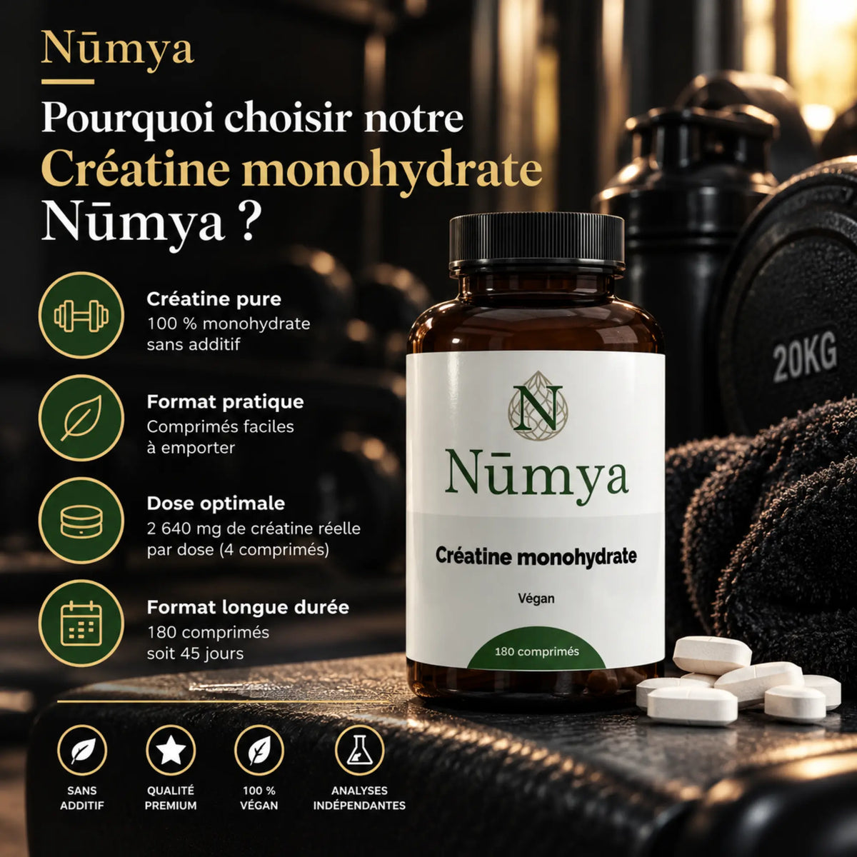Créatine monohydrate comprimés - 180 comprimés vegan Nūmya