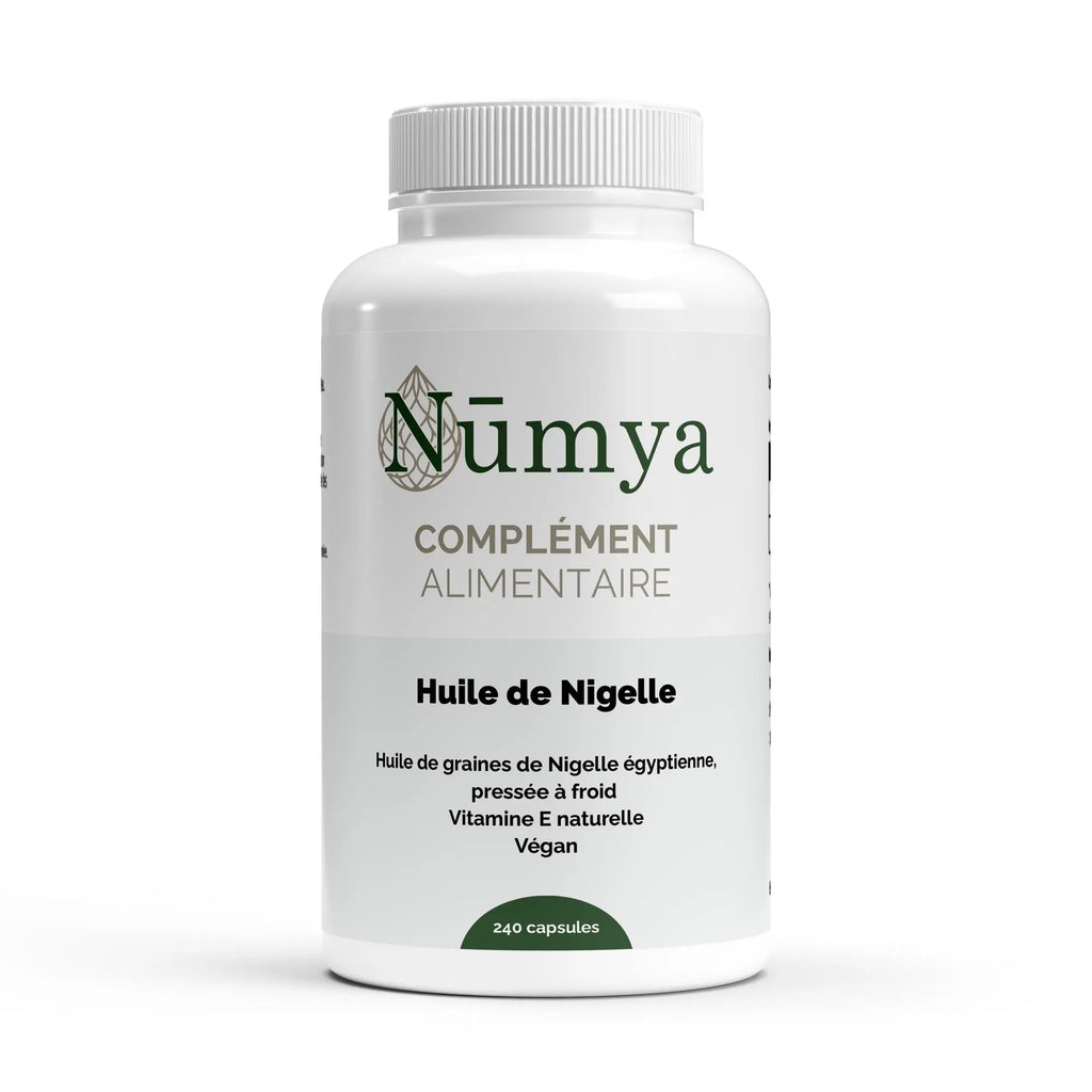 Flacon d’huile de nigelle égyptienne Nūmya — 240 softgels vegan sans gélatine