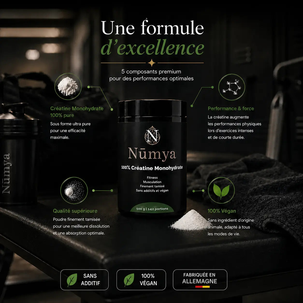 Créatine Monohydrate 100% Pure - 500 g Vegan Nūmya