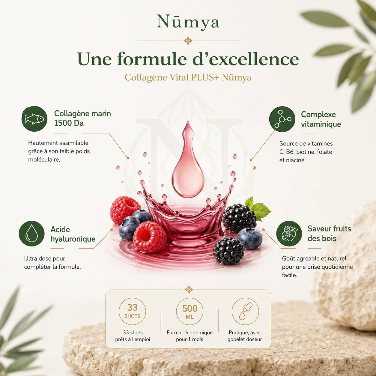Collagène Vital PLUS+ - 33 Shots - Fruits des Bois - 500 ml Nūmya