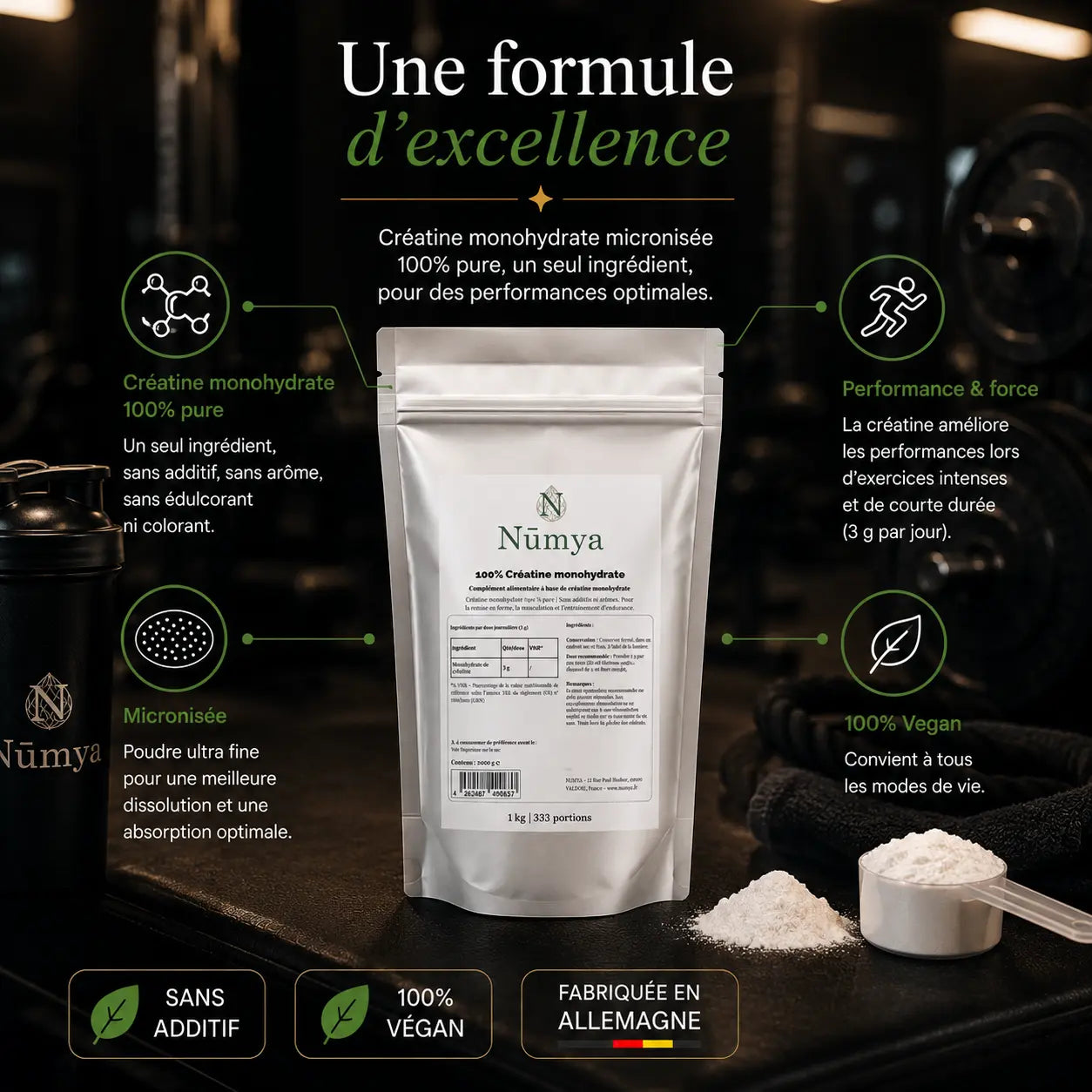 Créatine Monohydrate Micronisée 100% Pure - 1 kg Vegan Nūmya