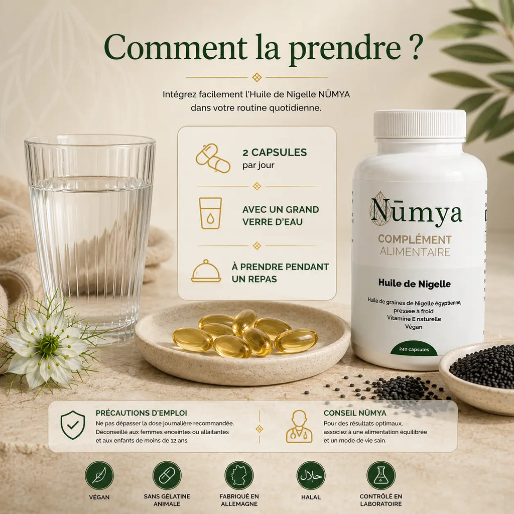 Huile de nigelle vegan sans gélatine — enveloppe 100% végétale