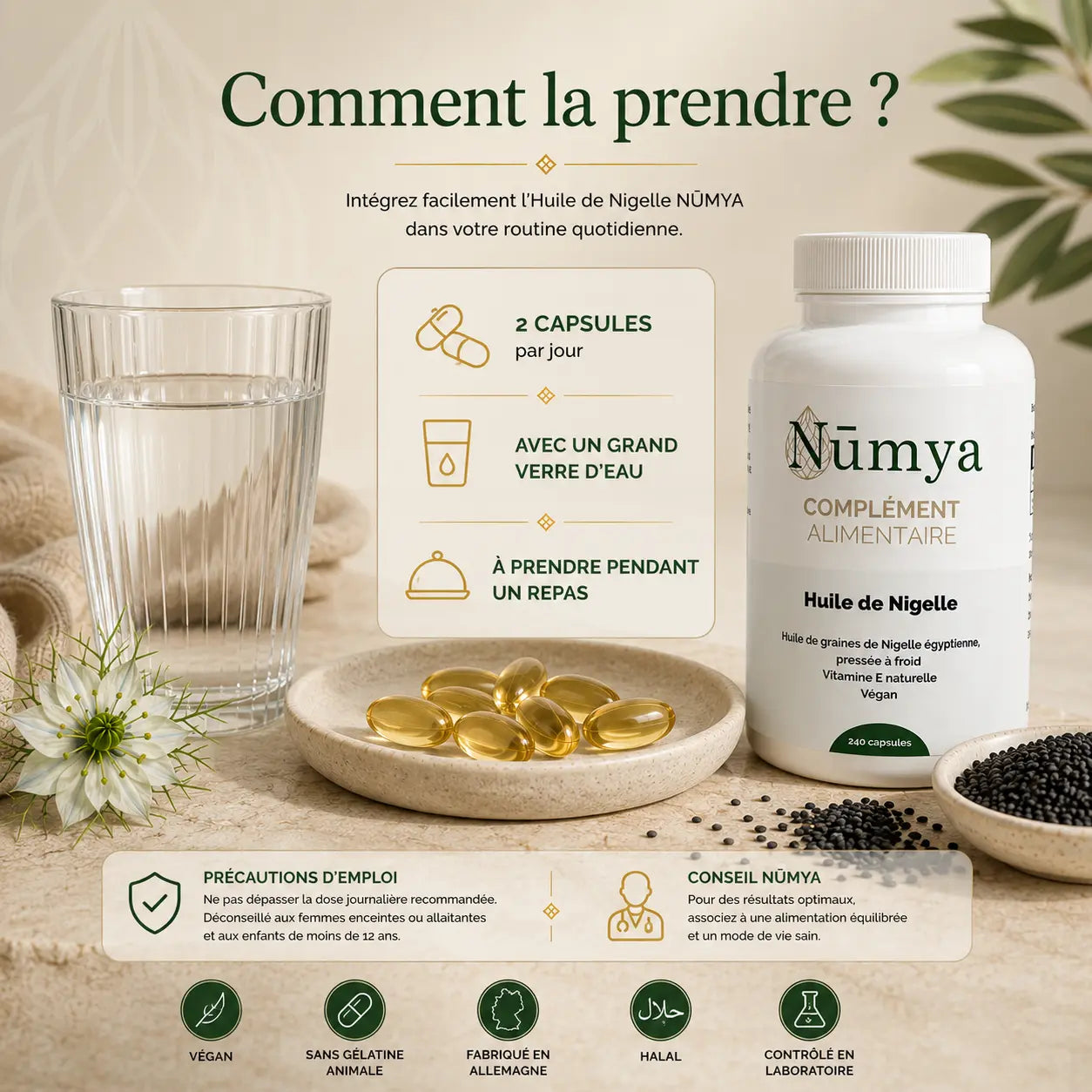 Huile de nigelle vegan sans gélatine — enveloppe 100% végétale