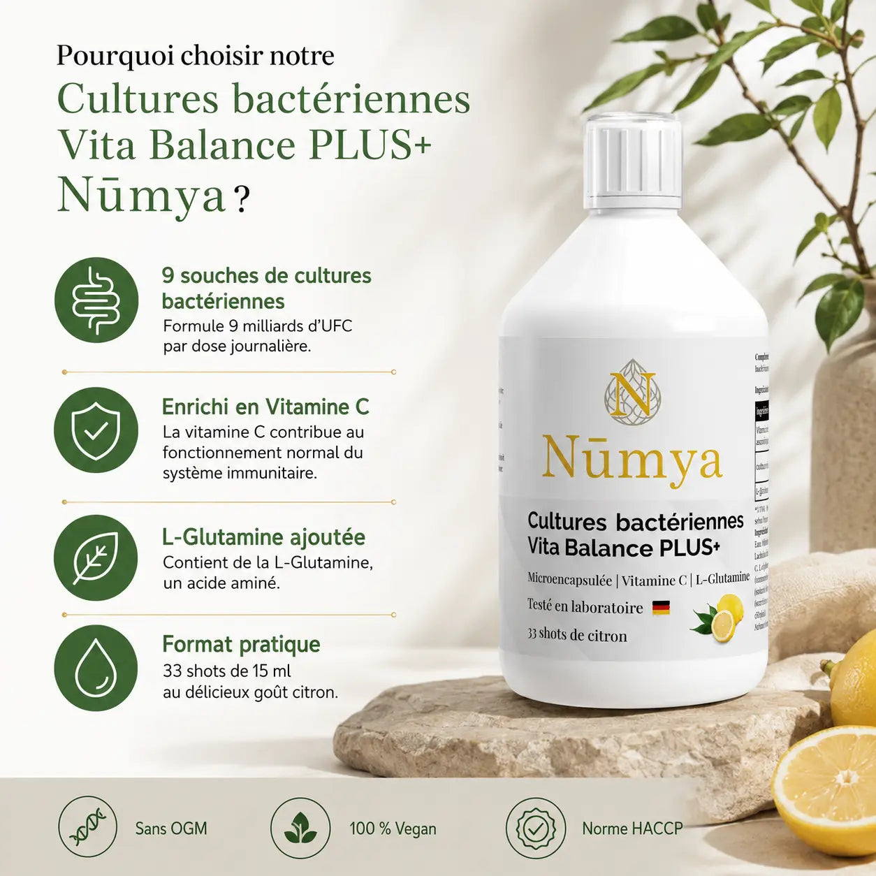 Vita Balance PLUS+ Cultures Bactériennes - 33 Shots vegan Citron - 500 ml Nūmya