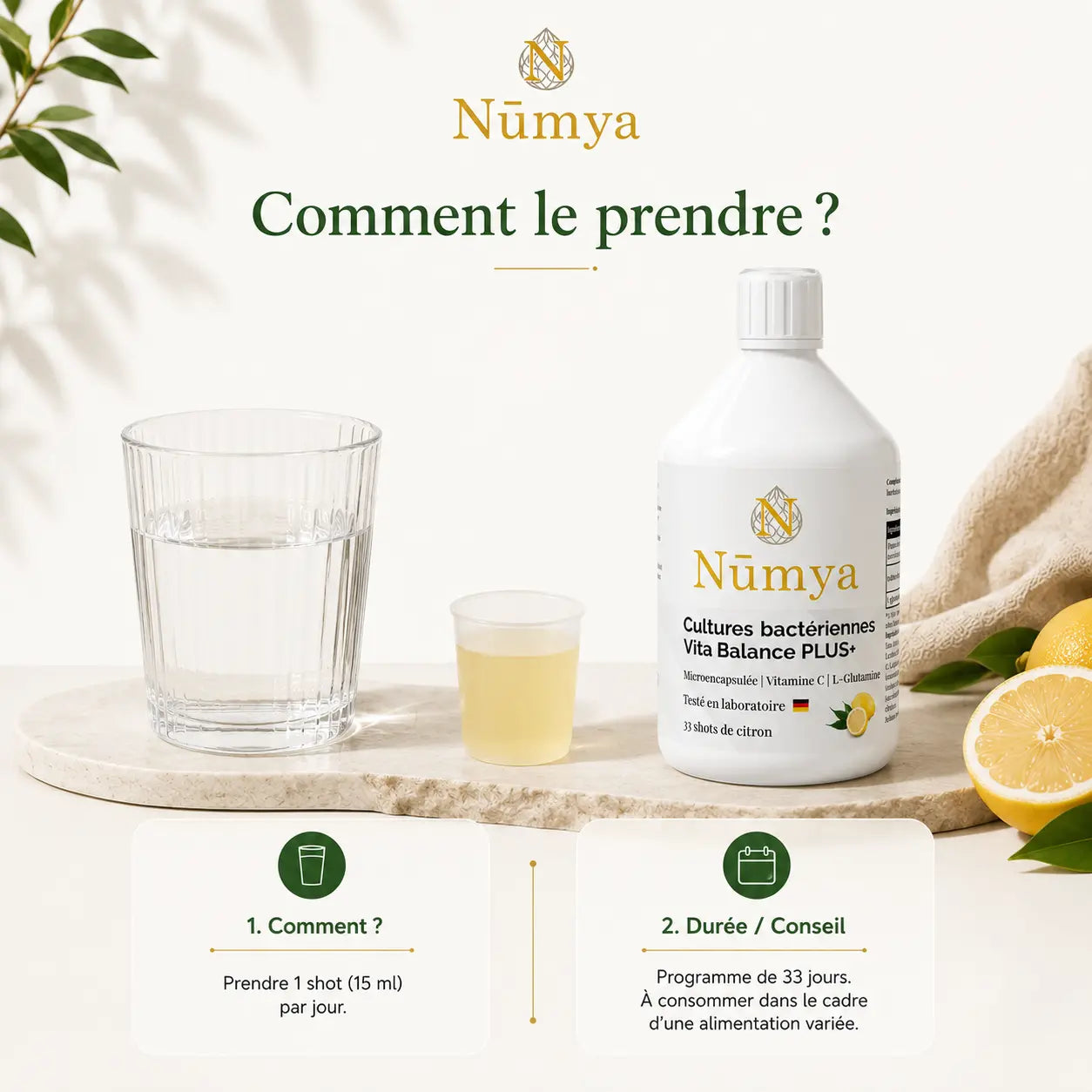 Vita Balance PLUS+ Cultures Bactériennes - 33 Shots vegan Citron - 500 ml Nūmya
