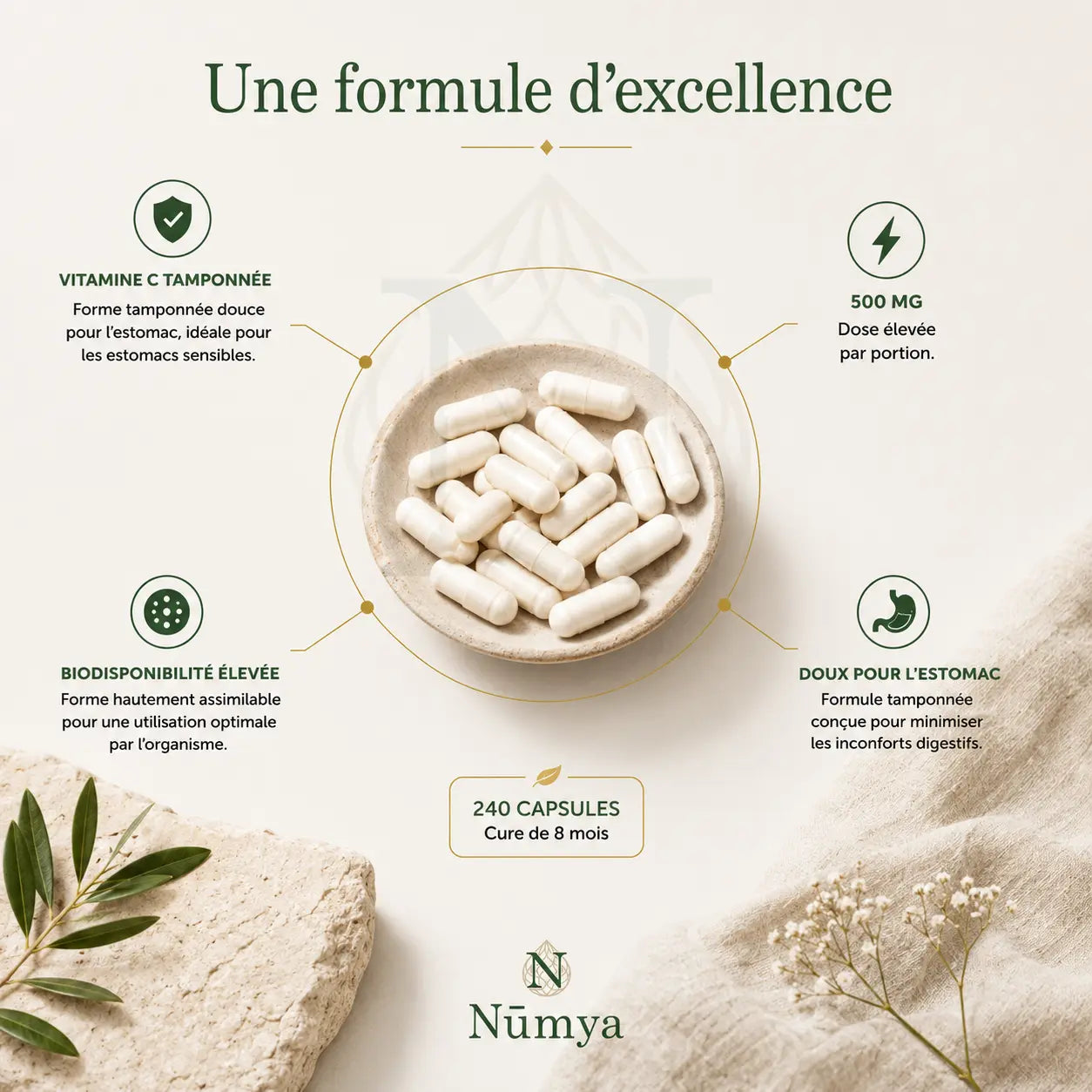 Vitamine C tamponnée 500 mg + Magnésium - 240 gélules Nūmya